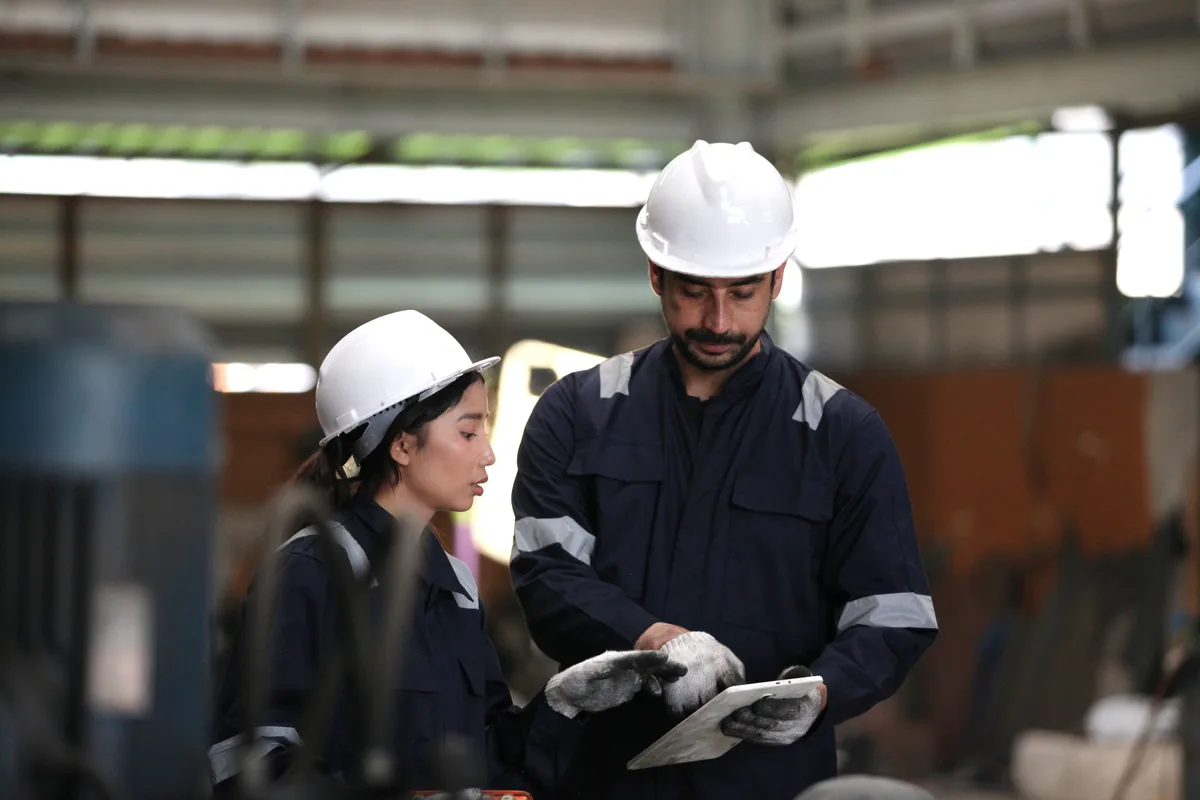 New Horizons engineers in hard hats on an industrial site