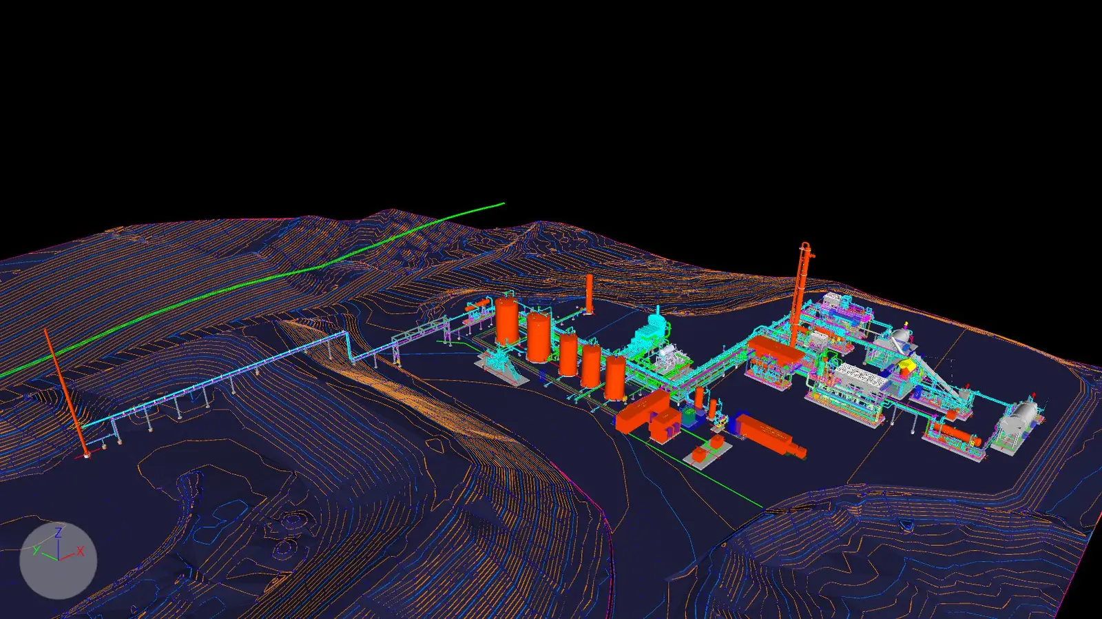 3D engineering model of the oil sands processing facility on its site terrain