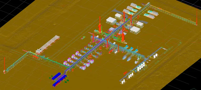 3D plant model of the gas treating facility, with compression, amine and dehydration units
