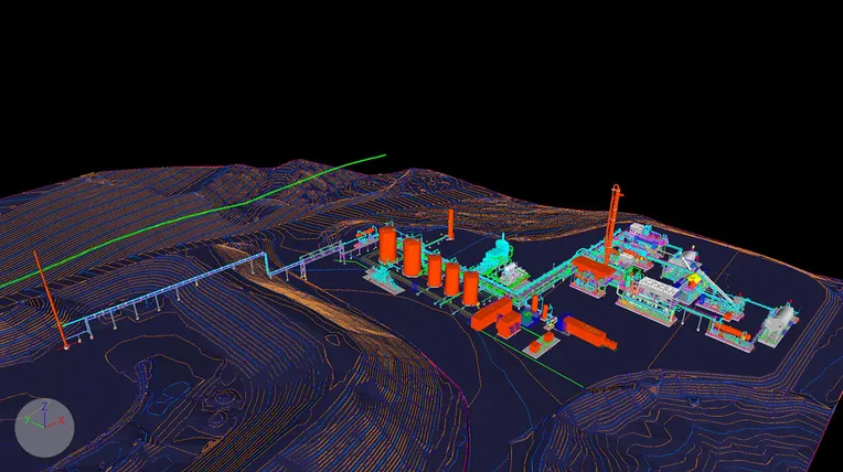 3D plant model of the oil sands processing facility, set on surveyed site contours