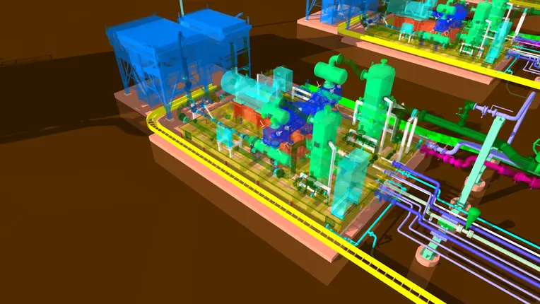 3D model of skid-mounted reciprocating compressors and air coolers on their foundations