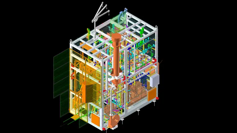 3D model of the methane pyrolysis hydrogen skid inside its two-level structural frame