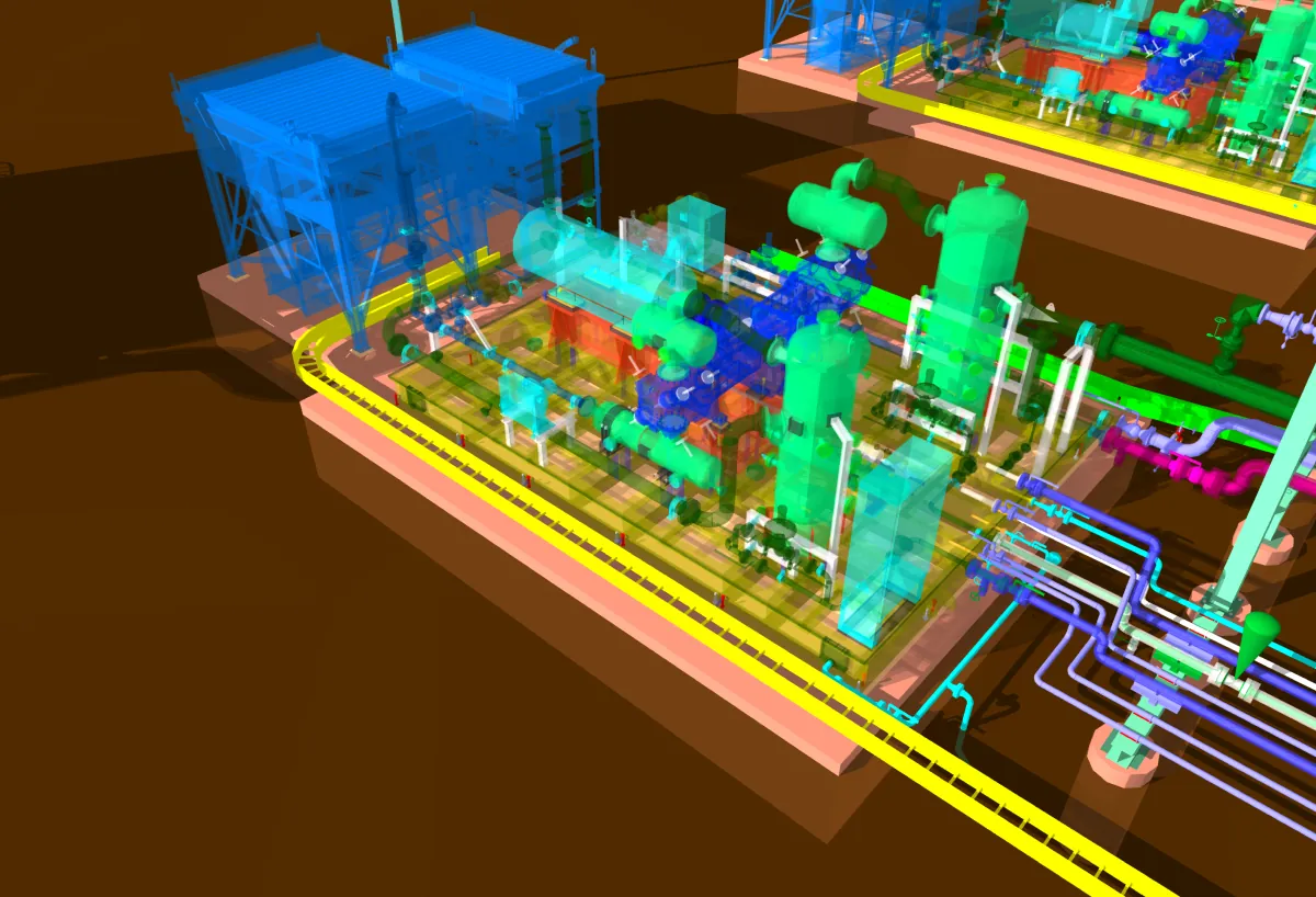 3D model of two reciprocating compressor skids and their air-cooled heat exchangers, mounted on the connected raft foundations