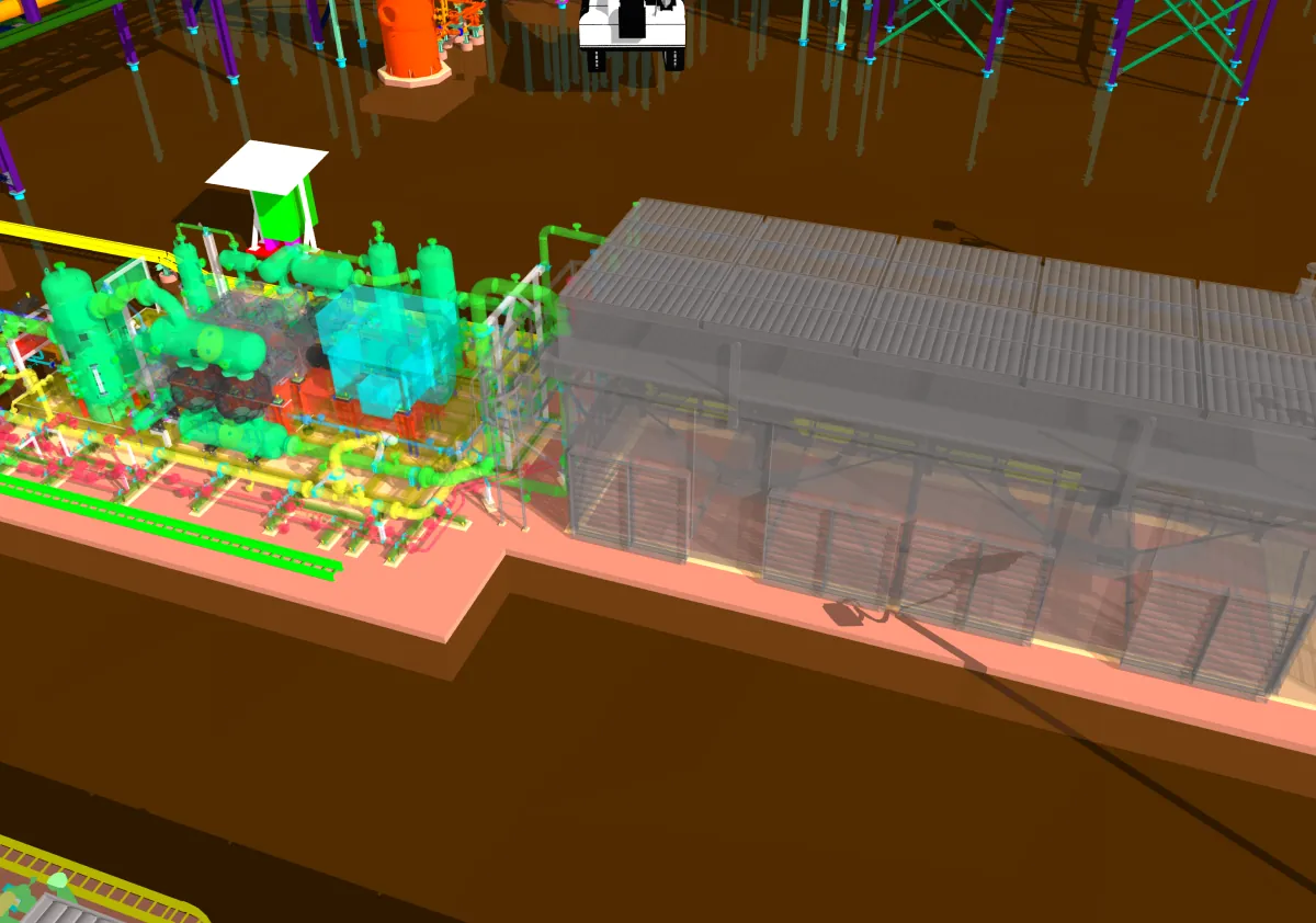 3D model of a single compressor skid alongside the air-cooled heat exchanger bank sharing its foundation raft