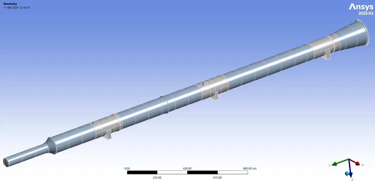Ansys geometry model of the distillation tower lying horizontally on the saddles it is transported on
