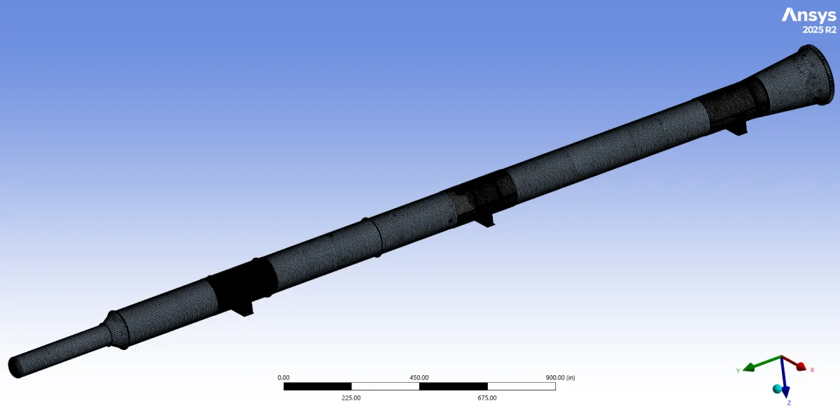Ansys finite element mesh of the same distillation tower in its transportation configuration