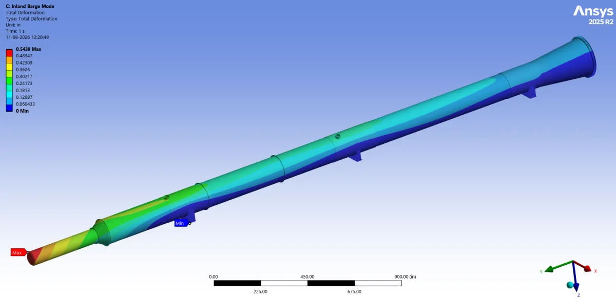 Ansys total deformation plot for the distillation tower in inland barge transport mode, peaking at 0.54 inches at the narrow head of the tower