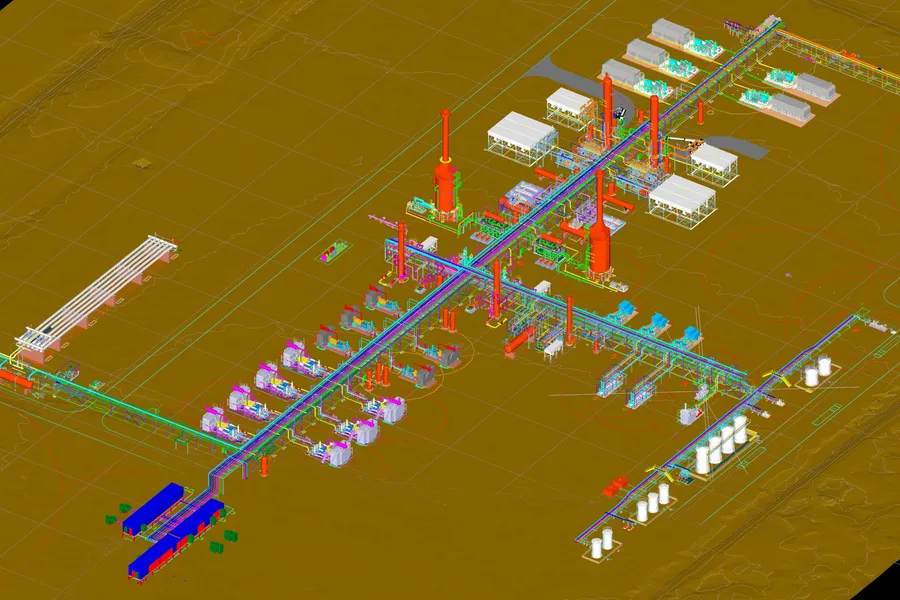3D plant model of the New Mexico gas treating facility, showing the pipe racks, compressor skids, flare stacks and storage tanks laid out across the site