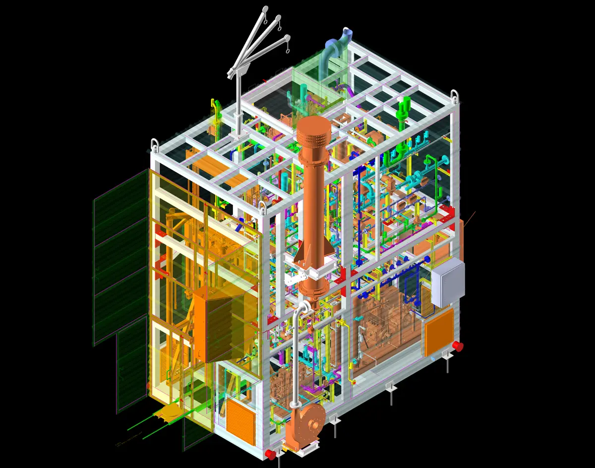 3D CAD model of the double decker methane pyrolysis skid, showing the central reactor column, color-coded process piping and tubing, and the structural steel frame with its wall panels