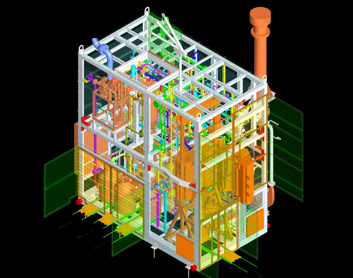 The same skid seen from the opposite corner, with the reactor column and its stack at the right-hand edge and the lower deck equipment visible through the open steel frame
