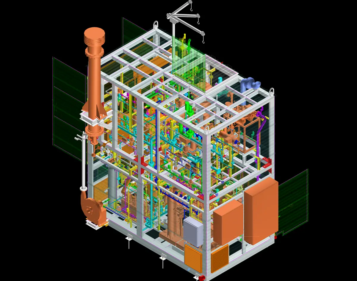 The skid rotated to put the reactor column and its davit arm on the left, showing the full depth of the double decker layout and the density of process lines on both levels