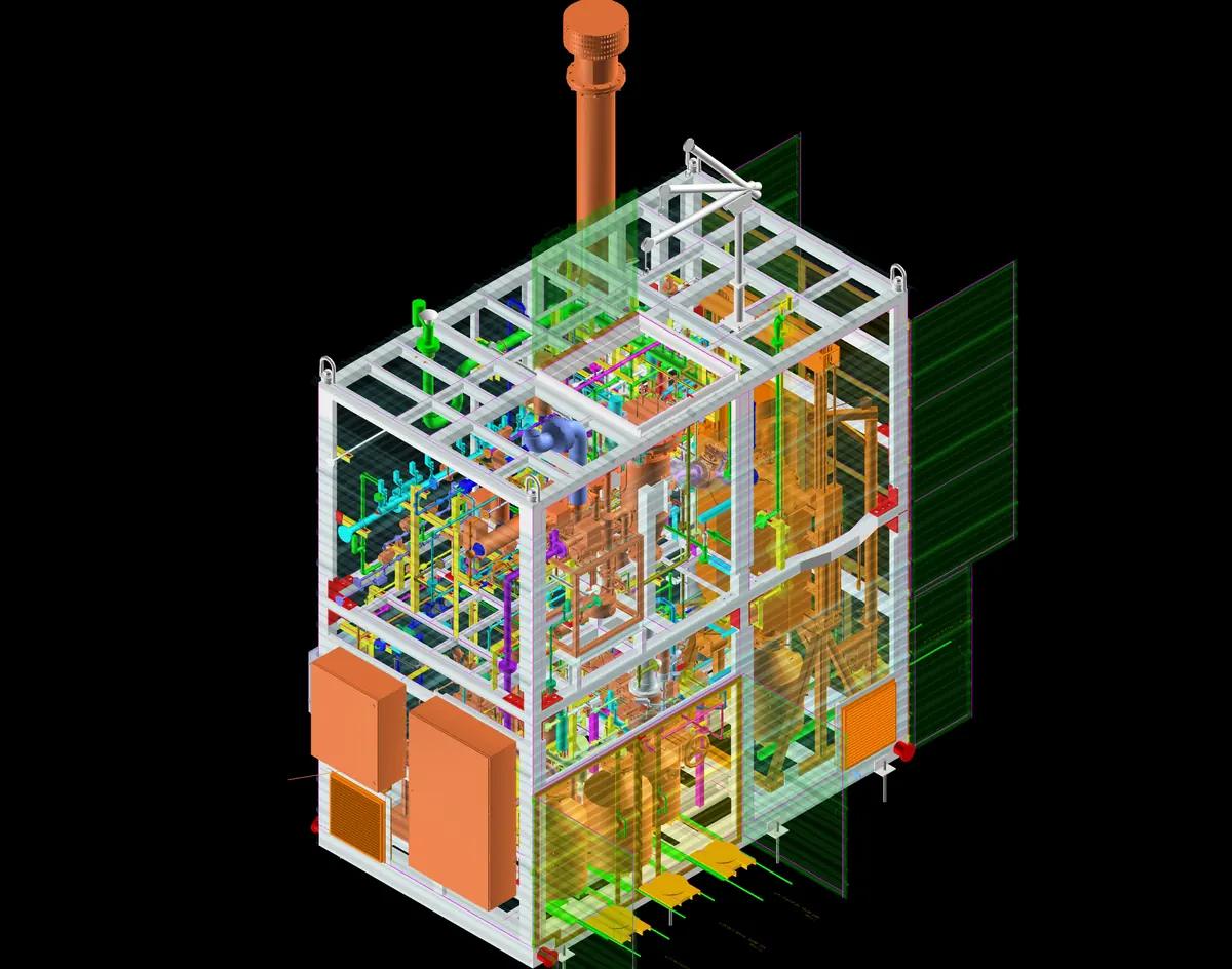 A front corner view of the skid with two orange equipment enclosures at the near face and the reactor column rising behind the upper deck