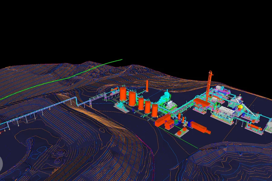 3D plant model of the oil sands processing facility, with its tanks, augers and conveyors set against the contoured mine terrain
