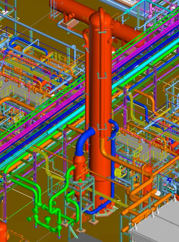 3D piping model of the vertical thermosyphon reboiler beside the adjacent Amine column, with the surrounding pipe racks color-coded by line