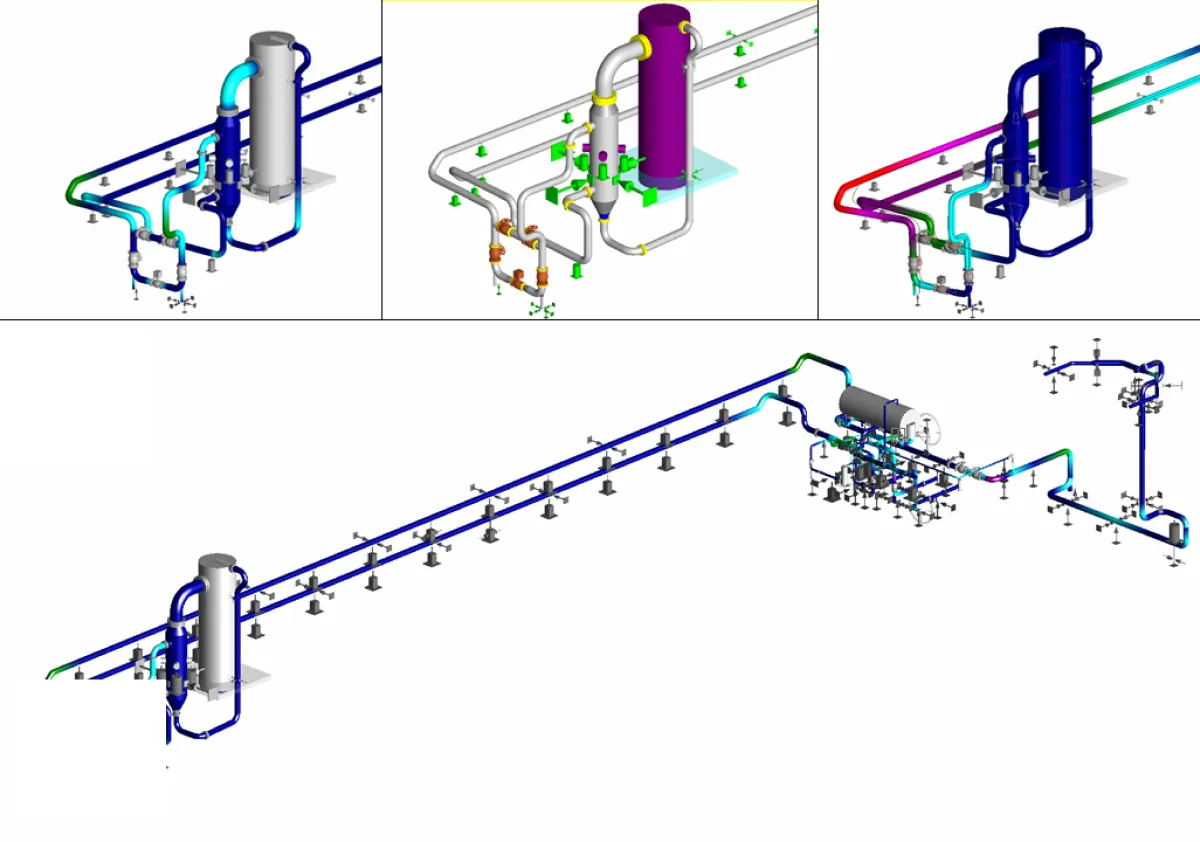 Four piping stress analysis views of the reboiler, its spring can supports and the long connected pipe run