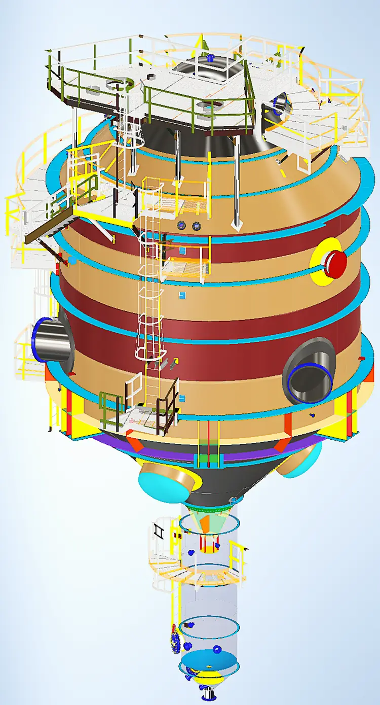 3D CAD model of the vapor body vessel, showing the three continuous support rings, the conical bottom section and the access platforms and ladders around the shell