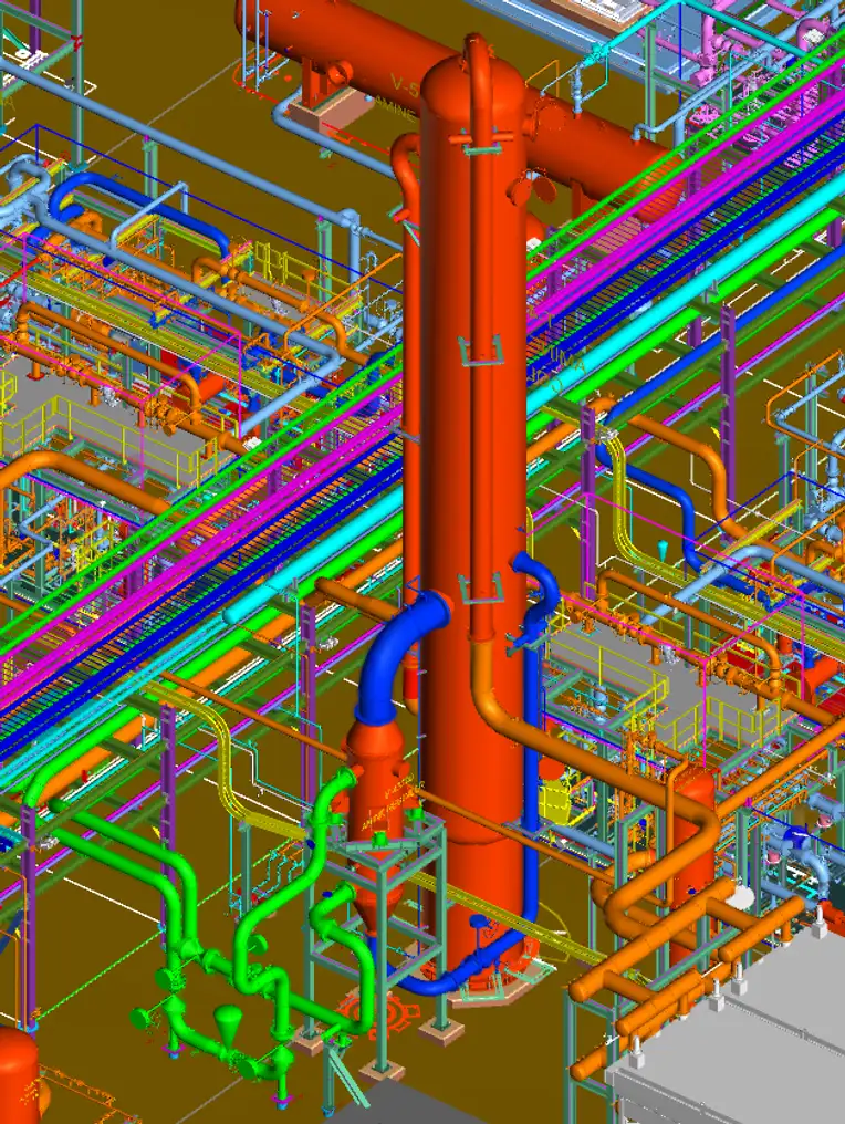 3D piping model of the vertical thermosyphon reboiler beside the amine column