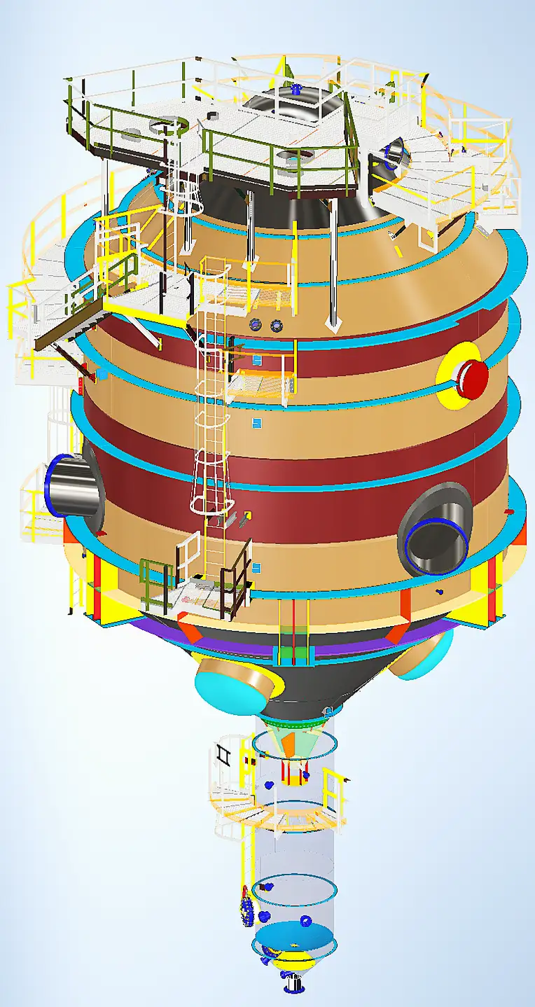 3D model of the vapor body vessel with its support rings, platforms and side nozzles