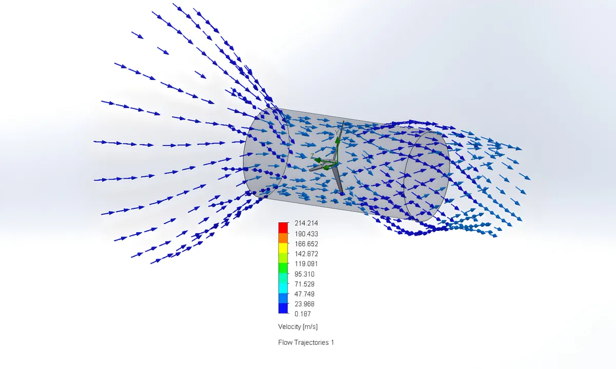 A CFD flow-trajectory plot of velocity vectors through a cylindrical duct, with a scale