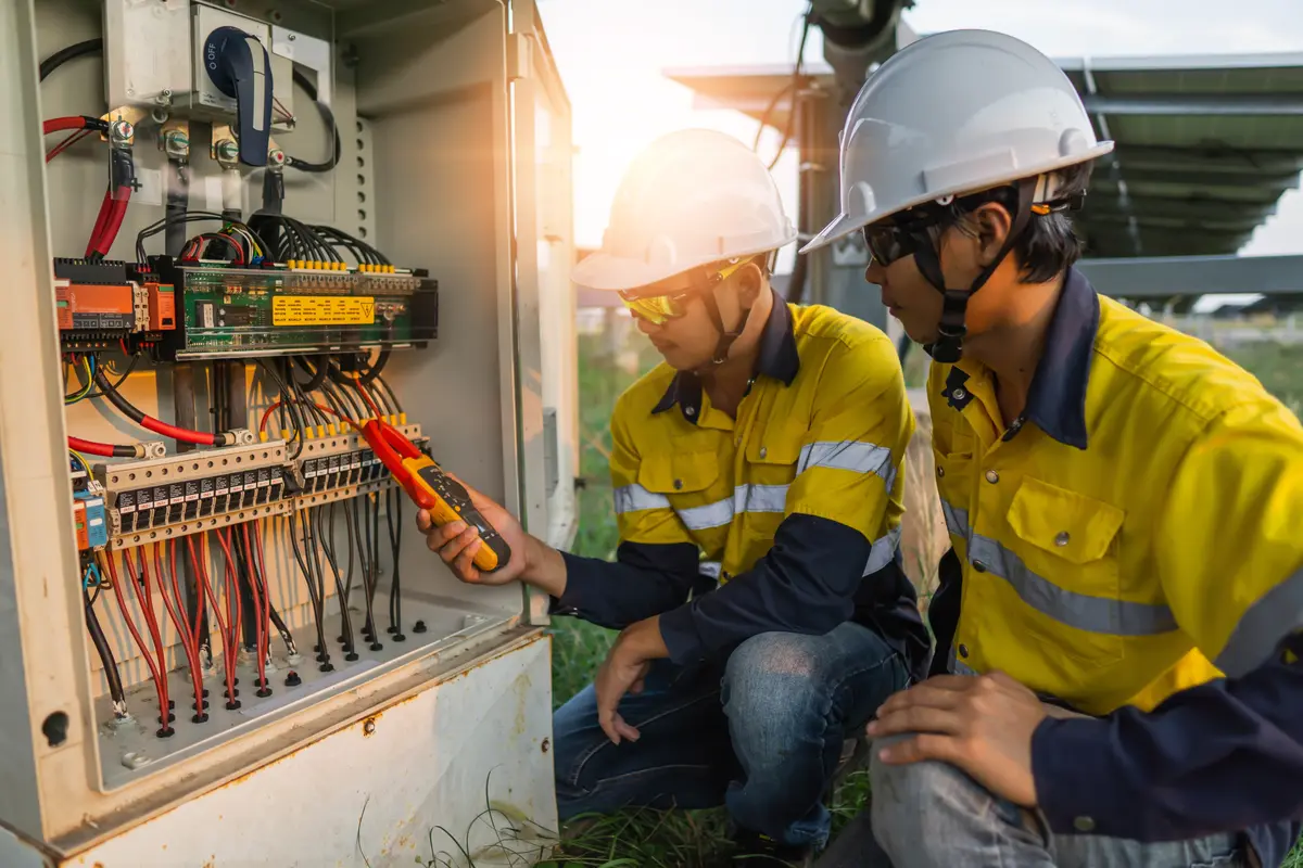 Two technicians testing the terminal blocks and wiring of a field control panel with a multimeter