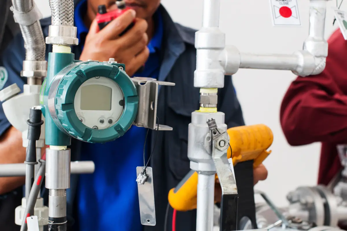 A field pressure transmitter mounted on an impulse line, with a technician behind it