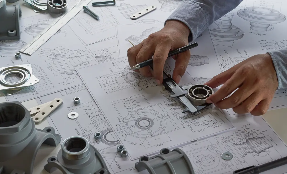 An engineer measuring a bearing with callipers over mechanical fabrication drawings